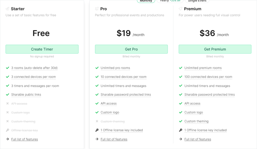 Image showing the pricing page of speaker timer dot io. Free, 19 dollars per month, or 36 dollars per month.
